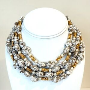 Vintage Kramer 3 Multi Strand Speckled Necklace Gold Tone Details & Faux Pearls
